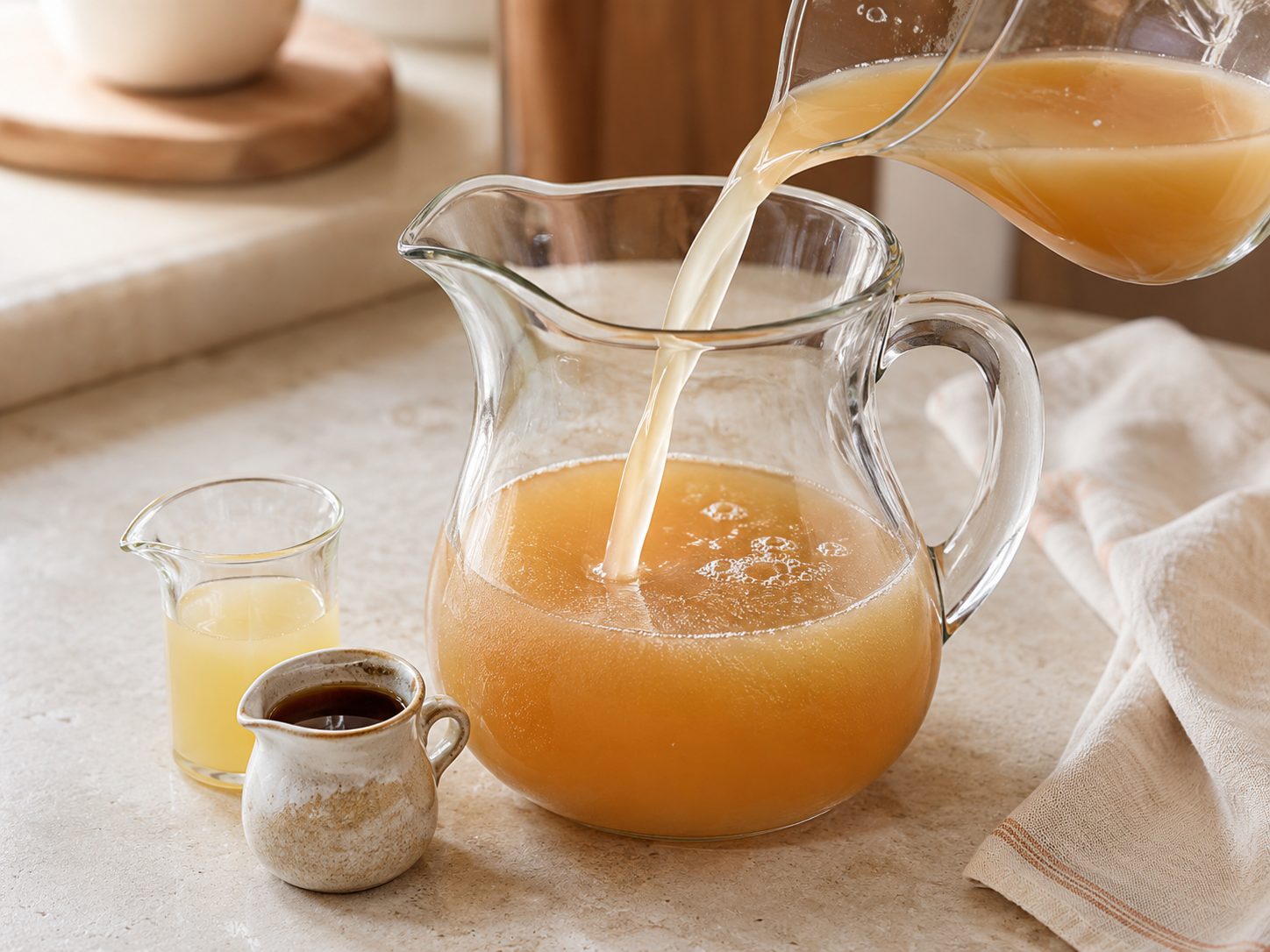 Cold strained apple-cider infusion being combined with more cloudy cider, with lemon juice and maple syrup nearby