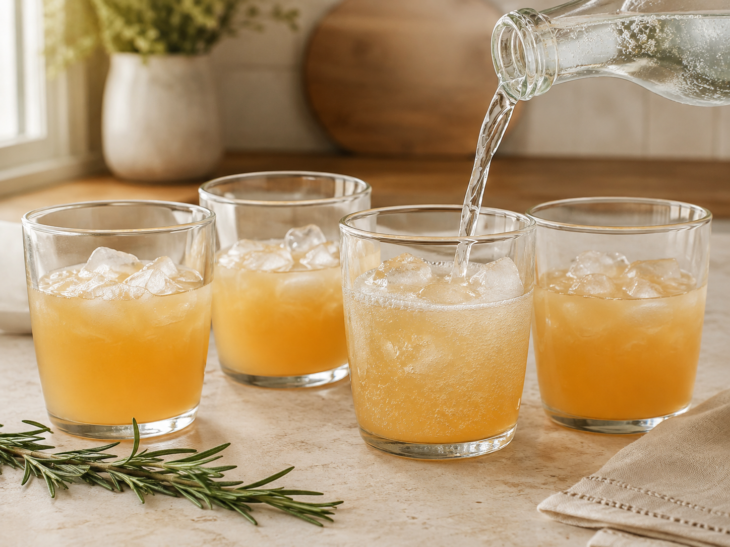 Chilled sparkling water being poured gently into four ice-filled glasses of apple cider base