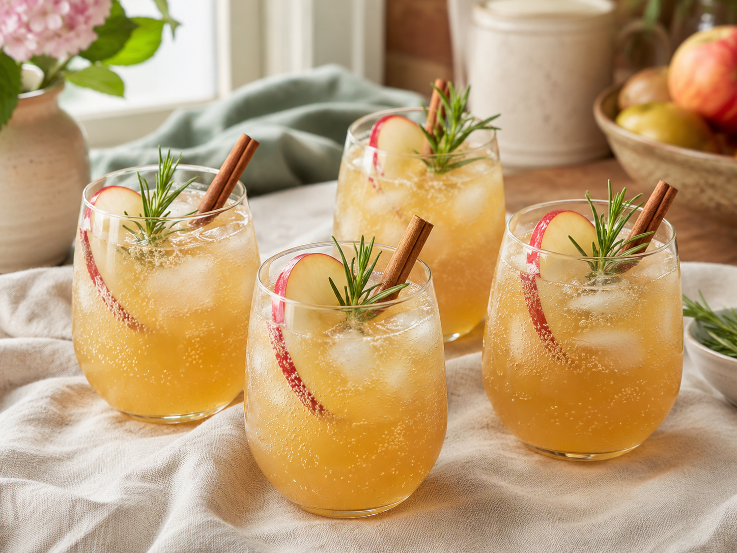 Four finished apple cider rosemary sparklers with ice, apple slices, cinnamon sticks and fresh rosemary