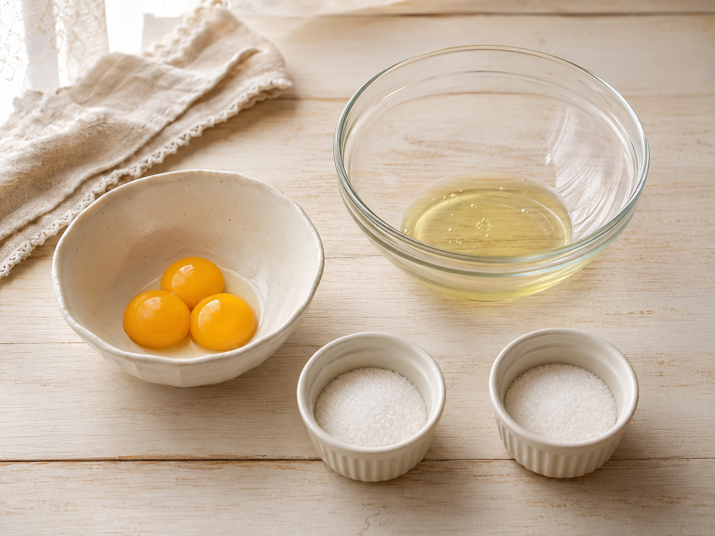 Three pasteurized eggs separated into a shallow portion of whites and three yolks, with one-quarter cup sugar divided between two ramekins