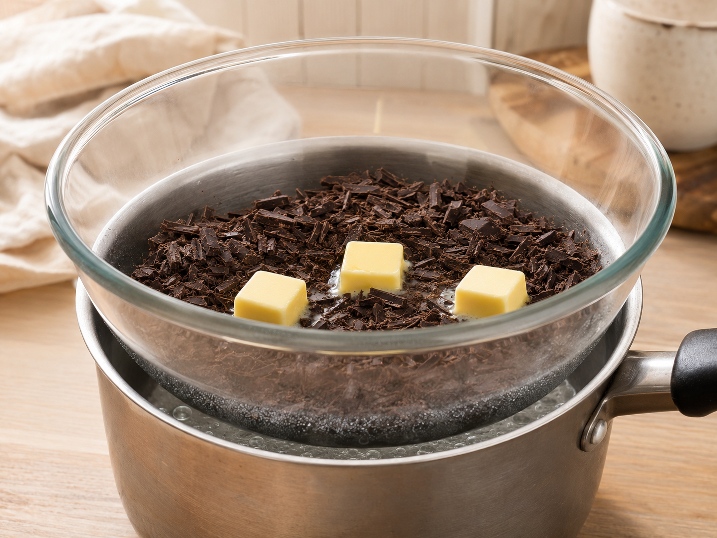 Eight ounces of chopped dark chocolate with three tablespoons of butter melting gently in a dry glass bowl over barely simmering water