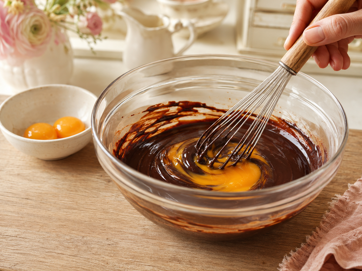 Egg yolk being whisked into smooth warm dark chocolate and butter off the heat