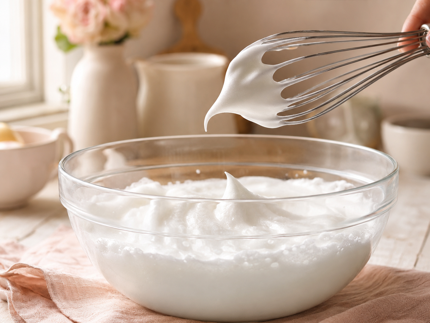 Glossy egg-white foam forming a soft peak that bends gently from the whisk