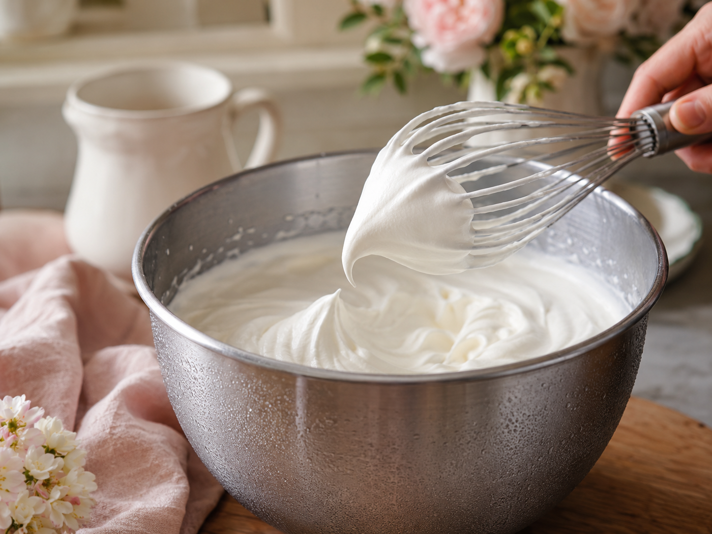 Cold vanilla whipped cream holding a smooth rounded medium-soft peak