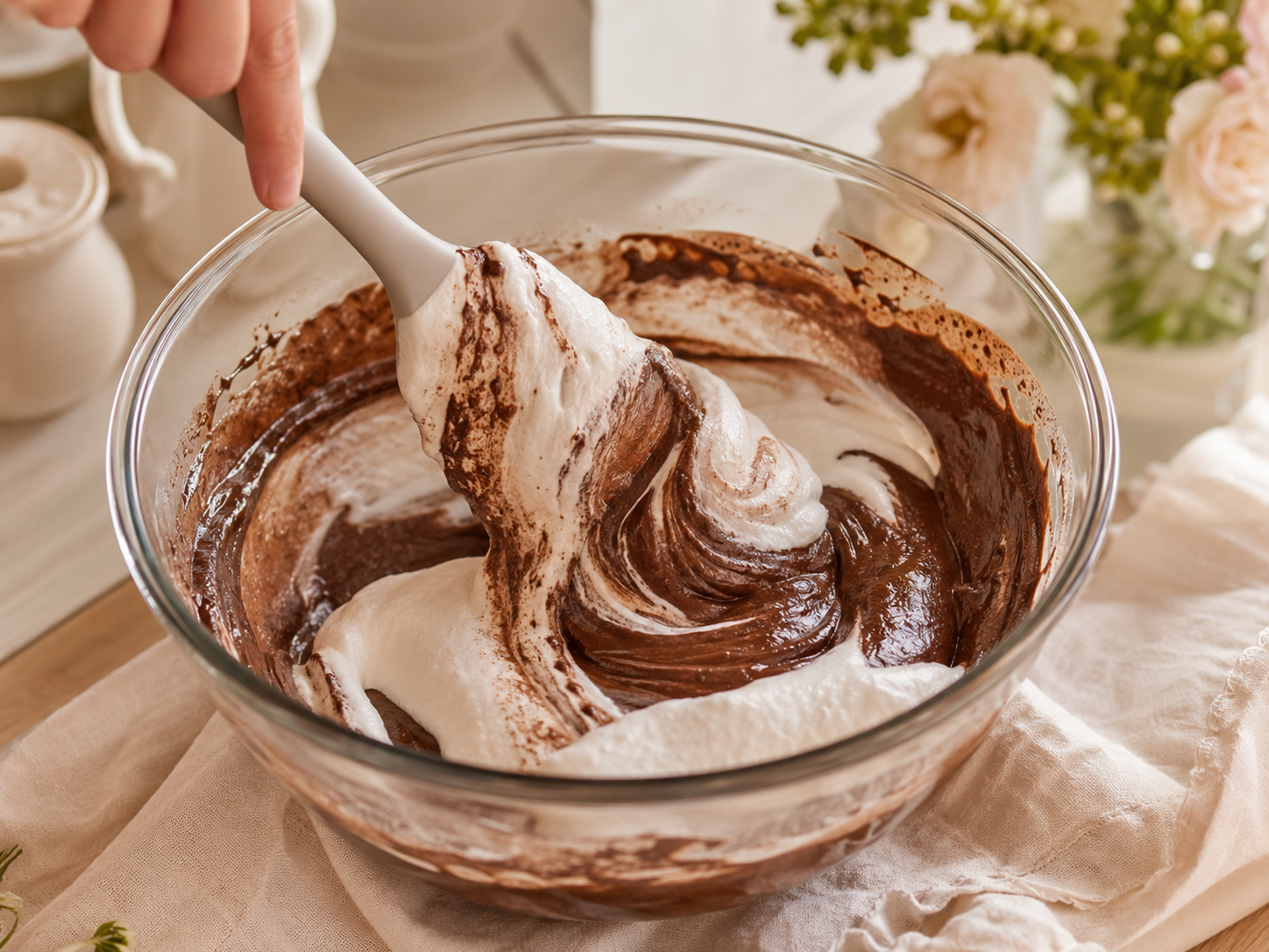 White foam being gently folded into dark chocolate with a flexible spatula