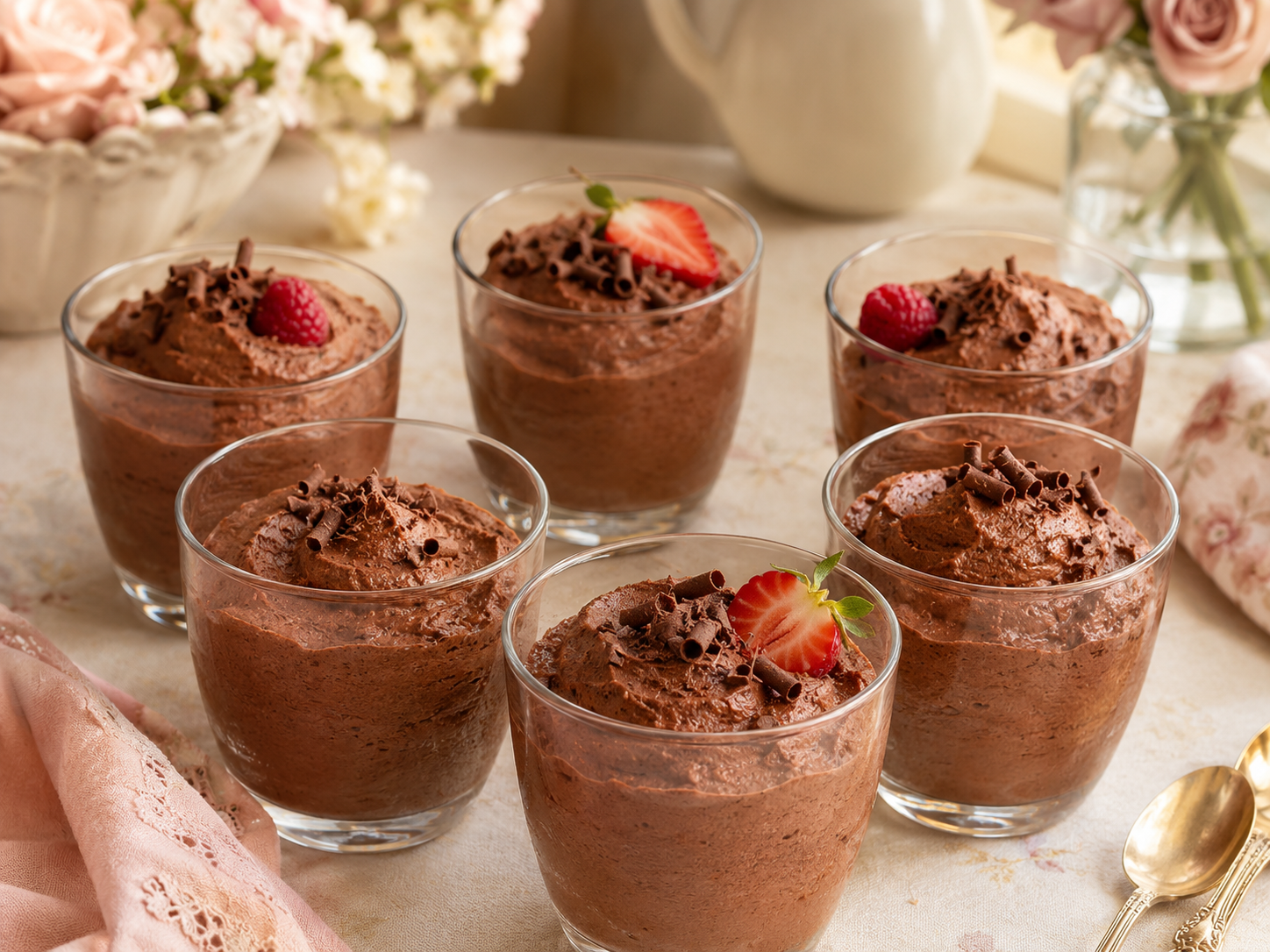 Six small glasses of chilled chocolate mousse with airy spooned tops and simple chocolate curls